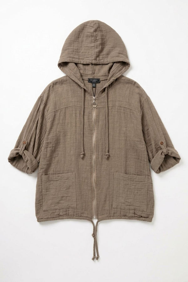 Beige | 3/4 Sleeve Hooded Zip Front Jacket
