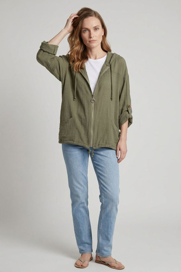 Khaki | 3/4 Sleeve Hooded Zip Front Jacket
