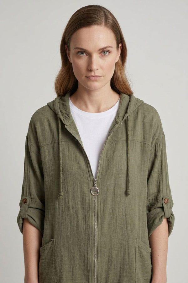 Khaki | 3/4 Sleeve Hooded Zip Front Jacket

