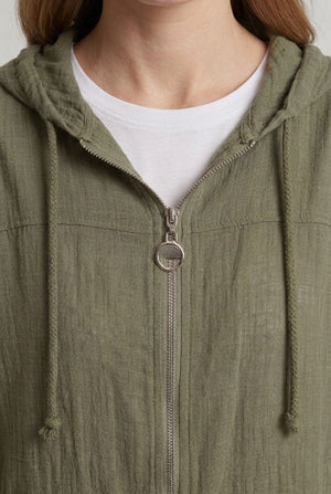 Khaki | 3/4 Sleeve Hooded Zip Front Jacket
