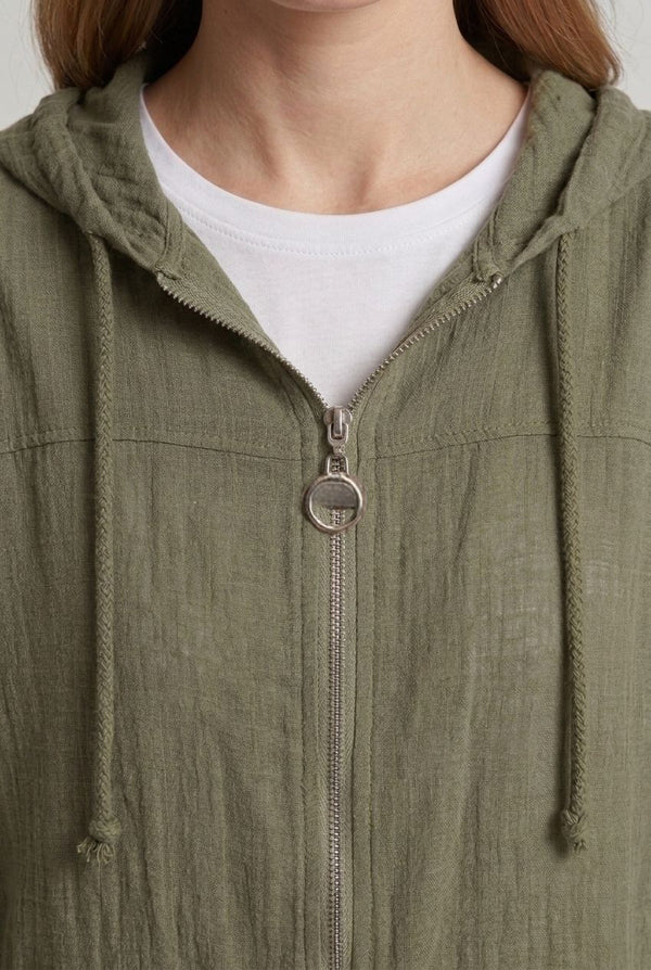 Khaki | 3/4 Sleeve Hooded Zip Front Jacket

