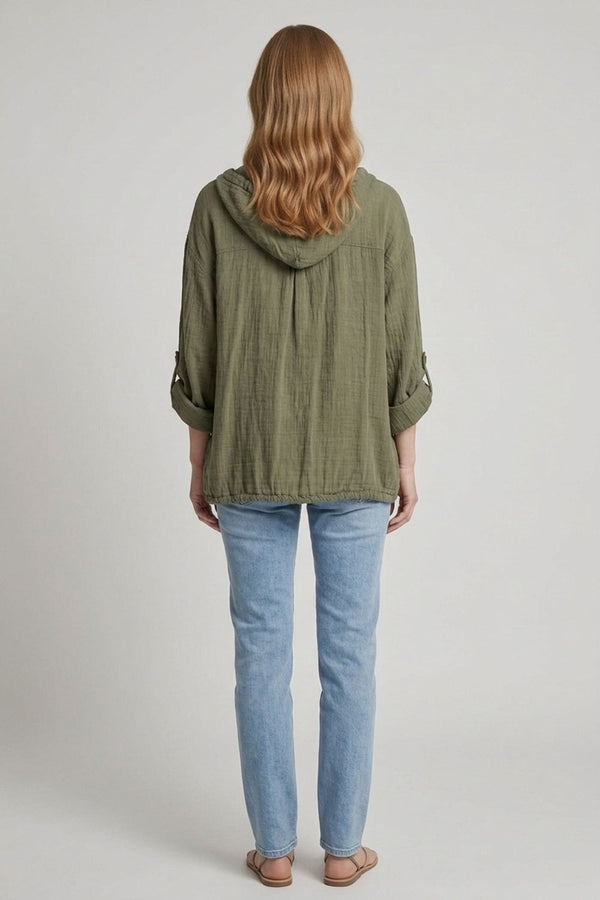 Khaki | 3/4 Sleeve Hooded Zip Front Jacket
