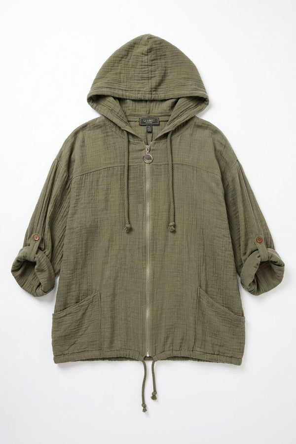 Khaki | 3/4 Sleeve Hooded Zip Front Jacket
