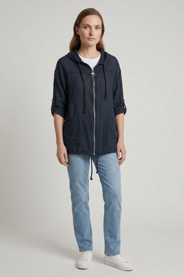 Navy | 3/4 Sleeve Hooded Zip Front Jacket
