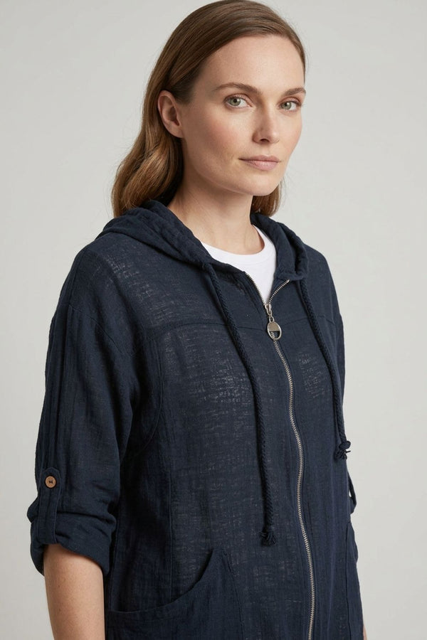 Navy | 3/4 Sleeve Hooded Zip Front Jacket
