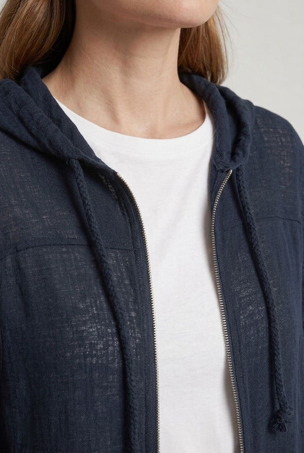 Navy | 3/4 Sleeve Hooded Zip Front Jacket
