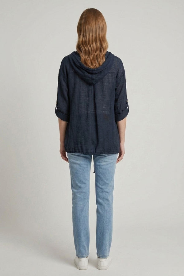 Navy | 3/4 Sleeve Hooded Zip Front Jacket
