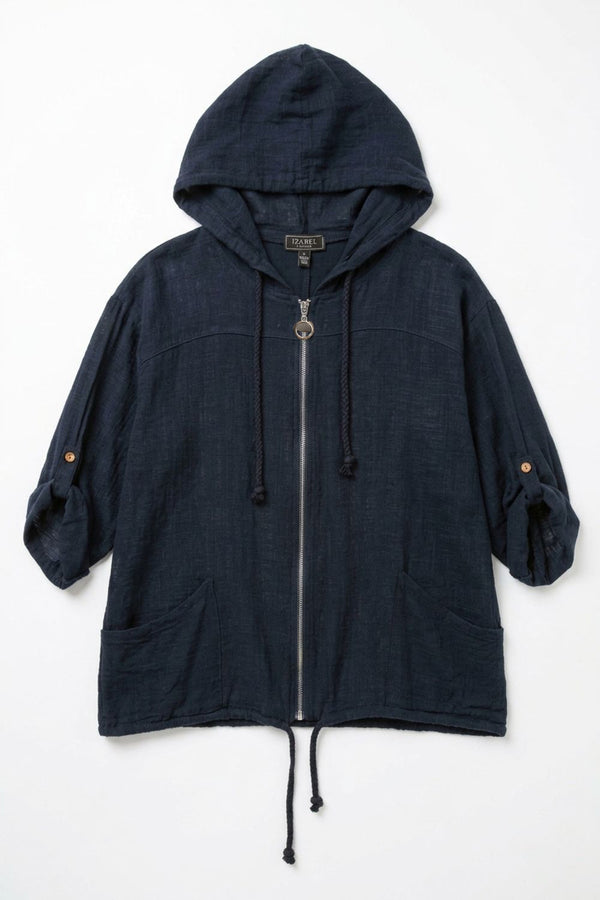 Navy | 3/4 Sleeve Hooded Zip Front Jacket
