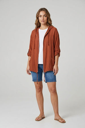 Rust | 3/4 Sleeve Hooded Zip Front Jacket
