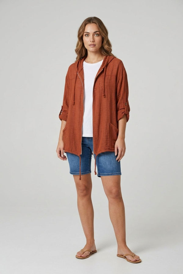 Rust | 3/4 Sleeve Hooded Zip Front Jacket
