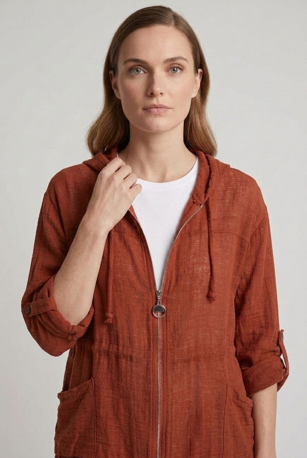 Rust | 3/4 Sleeve Hooded Zip Front Jacket
