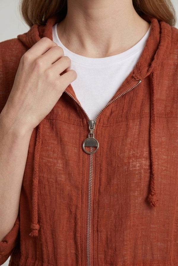 Rust | 3/4 Sleeve Hooded Zip Front Jacket
