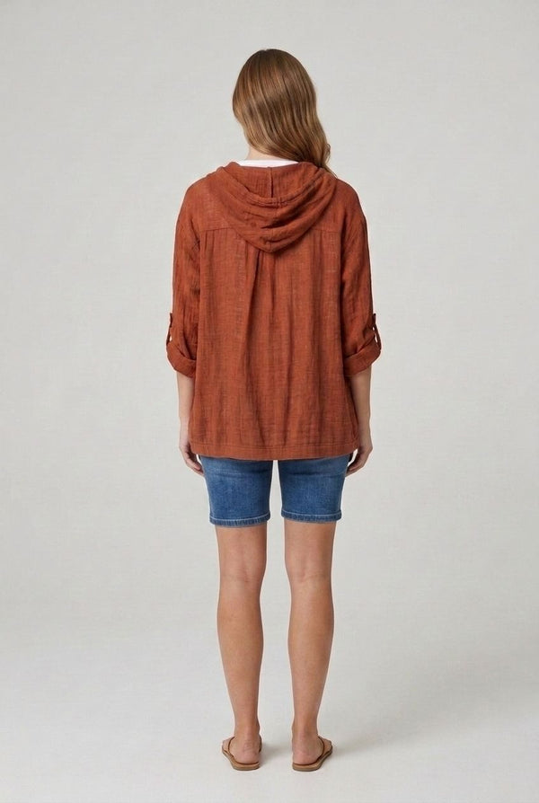 Rust | 3/4 Sleeve Hooded Zip Front Jacket
