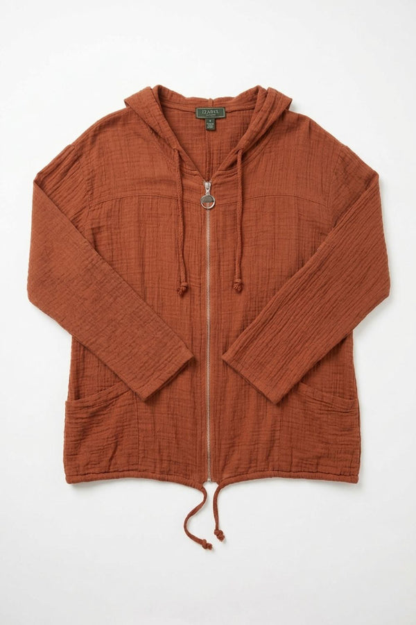Rust | 3/4 Sleeve Hooded Zip Front Jacket
