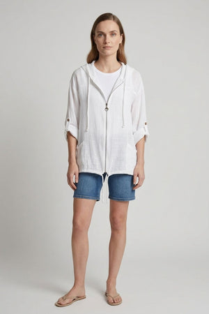 White | 3/4 Sleeve Hooded Zip Front Jacket
