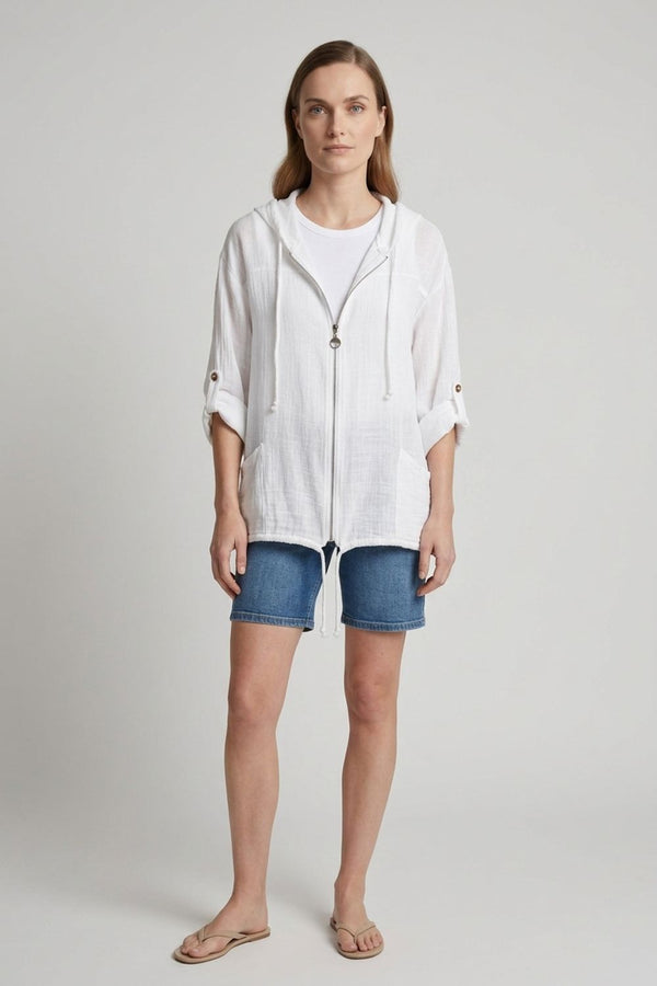 White | 3/4 Sleeve Hooded Zip Front Jacket
