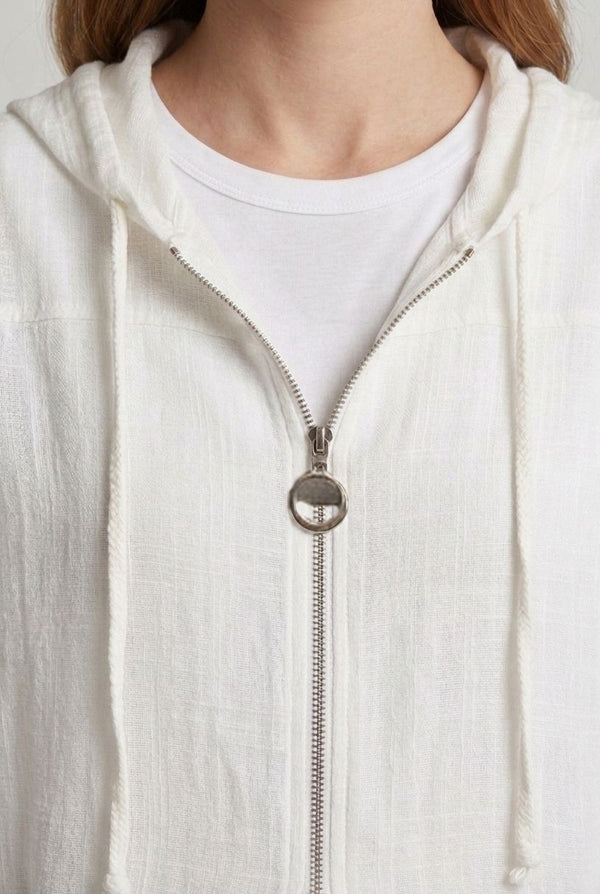 White | 3/4 Sleeve Hooded Zip Front Jacket
