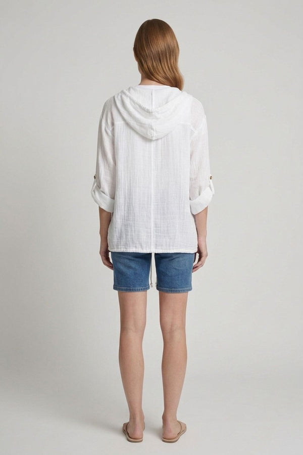 White | 3/4 Sleeve Hooded Zip Front Jacket

