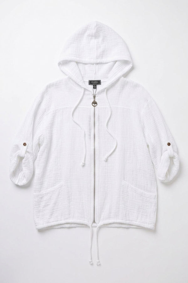 White | 3/4 Sleeve Hooded Zip Front Jacket
