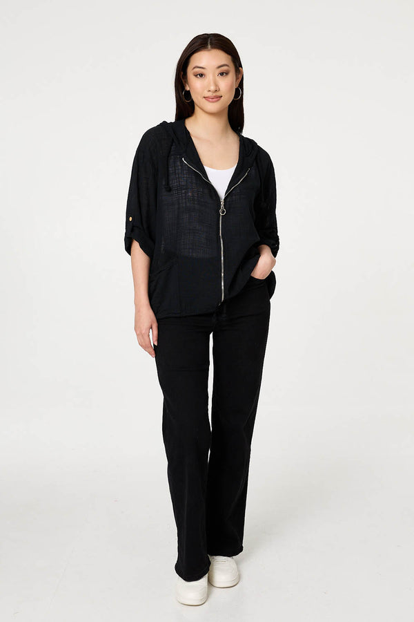 Black | 3/4 Sleeve Hooded Zip Front Jacket
