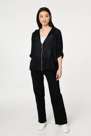 Black | 3/4 Sleeve Hooded Zip Front Jacket
