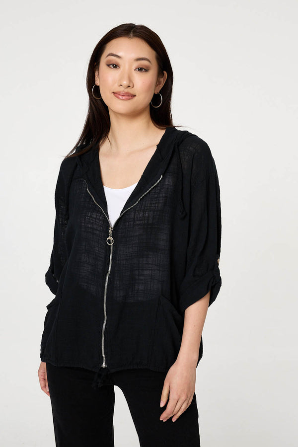 Black | 3/4 Sleeve Hooded Zip Front Jacket
