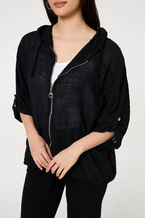 Black | 3/4 Sleeve Hooded Zip Front Jacket
