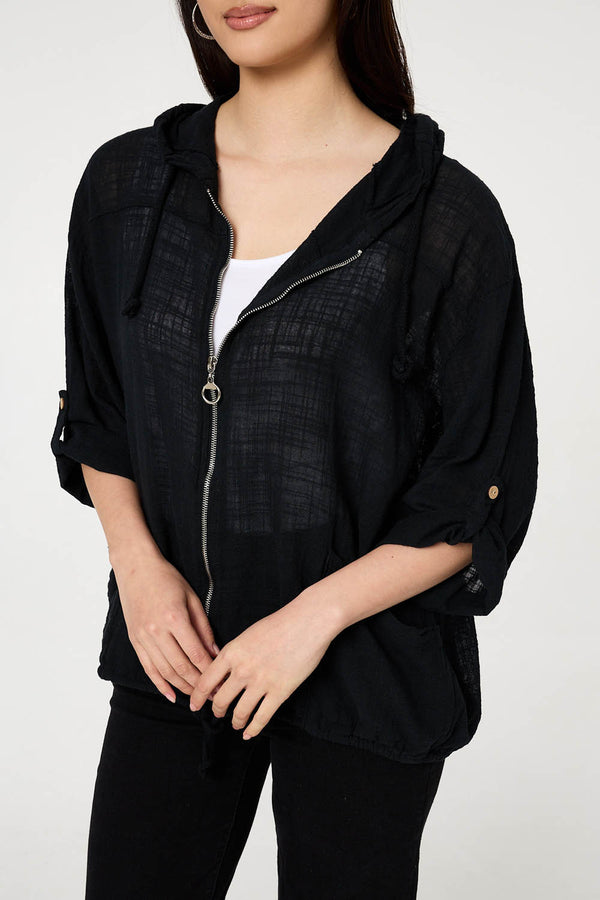 Black | 3/4 Sleeve Hooded Zip Front Jacket
