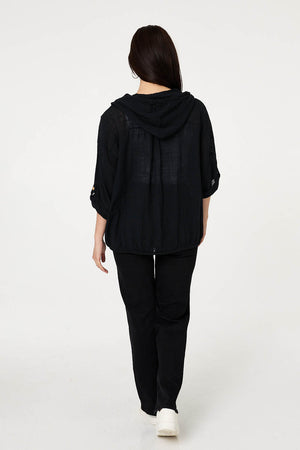 Black | 3/4 Sleeve Hooded Zip Front Jacket
