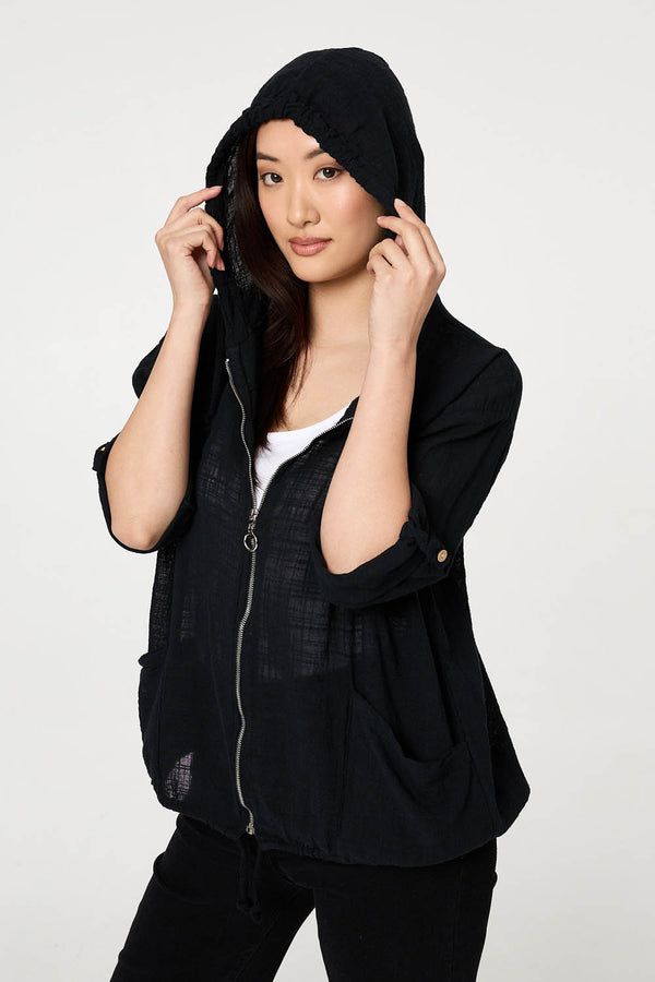 Black | 3/4 Sleeve Hooded Zip Front Jacket
