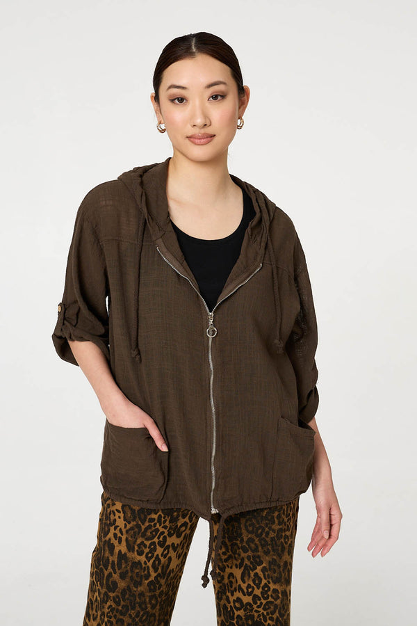 Chocolate | 3/4 Sleeve Hooded Zip Front Jacket : Model is 5'9"/175 cm and wears UK8/EU36/US4/AUS8
