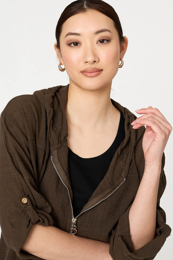 Chocolate | 3/4 Sleeve Hooded Zip Front Jacket