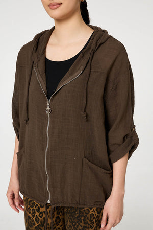 Brown | 3/4 Sleeve Hooded Zip Front Jacket