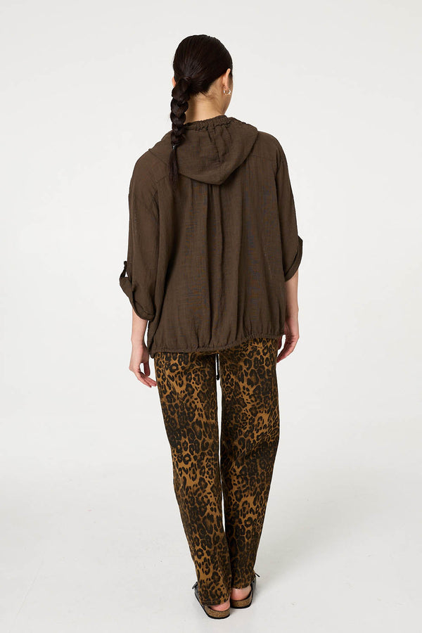 Chocolate | 3/4 Sleeve Hooded Zip Front Jacket