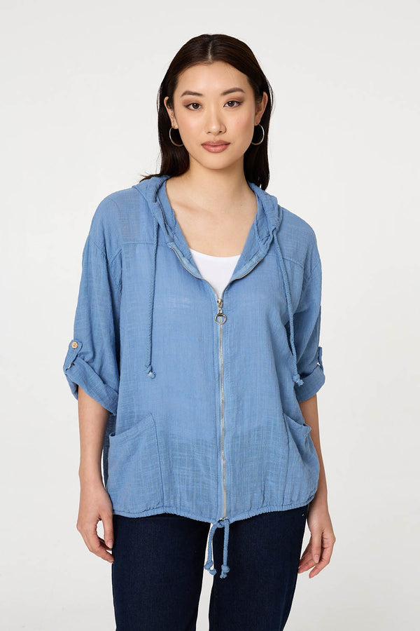 Blue | 3/4 Sleeve Hooded Zip Front Jacket
