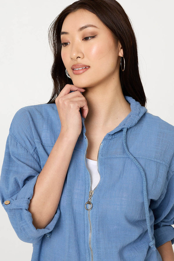 Blue | 3/4 Sleeve Hooded Zip Front Jacket
