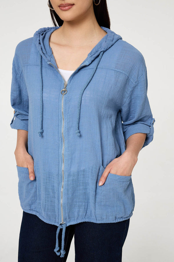 Blue | 3/4 Sleeve Hooded Zip Front Jacket
