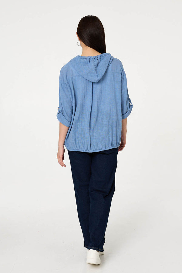 Blue | 3/4 Sleeve Hooded Zip Front Jacket
