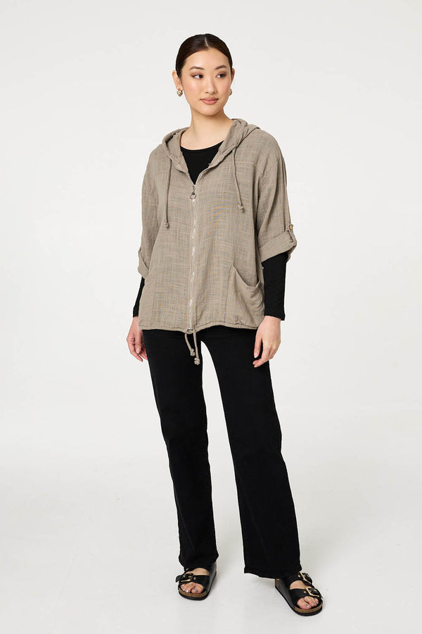 Stone | 3/4 Sleeve Hooded Zip Front Jacket