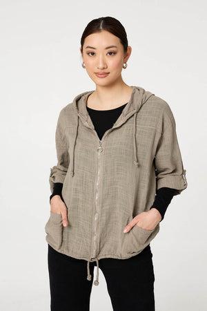 Stone | 3/4 Sleeve Hooded Zip Front Jacket : Model is 5'9