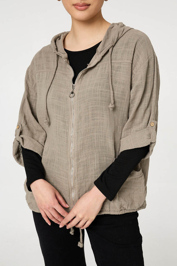 Stone | 3/4 Sleeve Hooded Zip Front Jacket