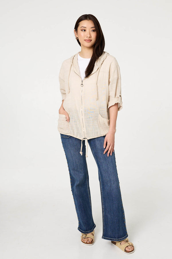 Linen | 3/4 Sleeve Hooded Zip Front Jacket