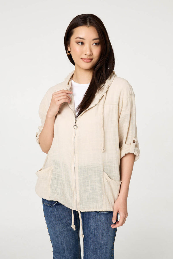 Linen | 3/4 Sleeve Hooded Zip Front Jacket : Model is 5'9"/175 cm and wears UK8/EU36/US4/AUS8