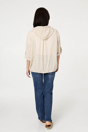 Linen | 3/4 Sleeve Hooded Zip Front Jacket