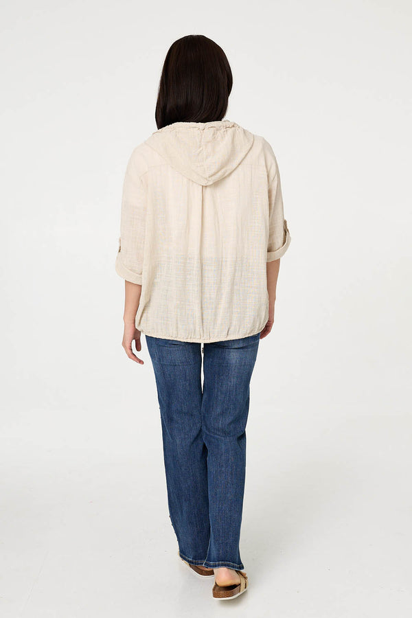 Linen | 3/4 Sleeve Hooded Zip Front Jacket