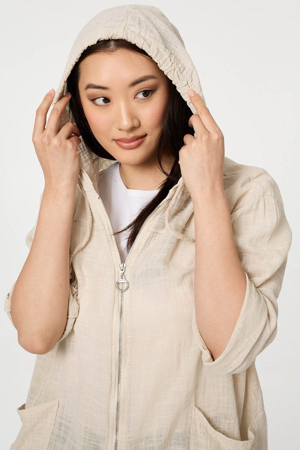 Linen | 3/4 Sleeve Hooded Zip Front Jacket