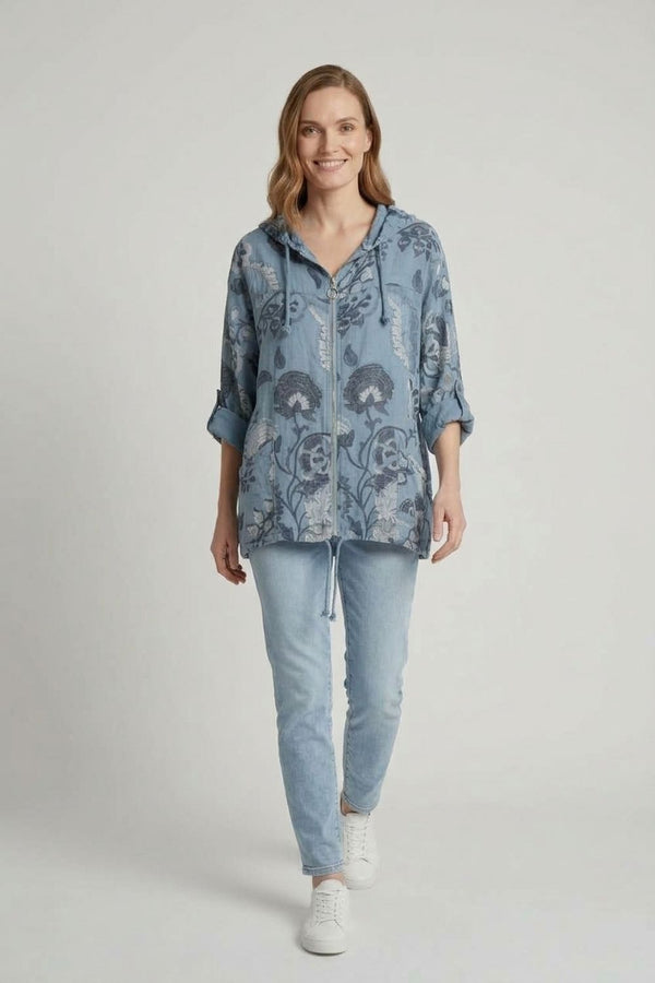 Blue | Floral Zip Front Hooded Relaxed Jacket