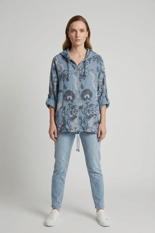 Blue | Floral Zip Front Hooded Relaxed Jacket
