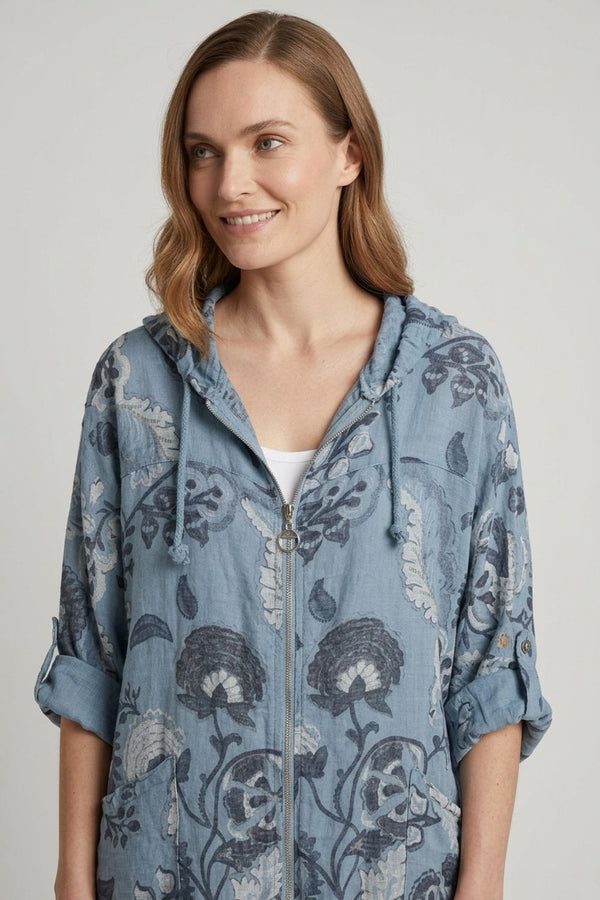 Blue | Floral Zip Front Hooded Relaxed Jacket
