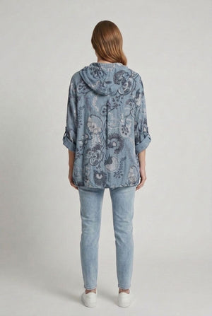 Blue | Floral Zip Front Hooded Relaxed Jacket
